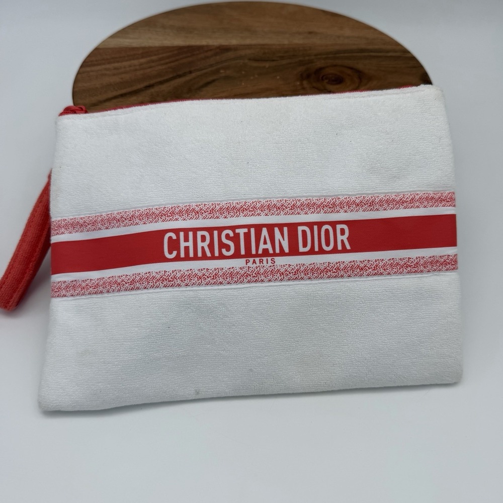 Christian Dior Paris Terry Cloth Cosmetic Pouch Red White Zip Bag